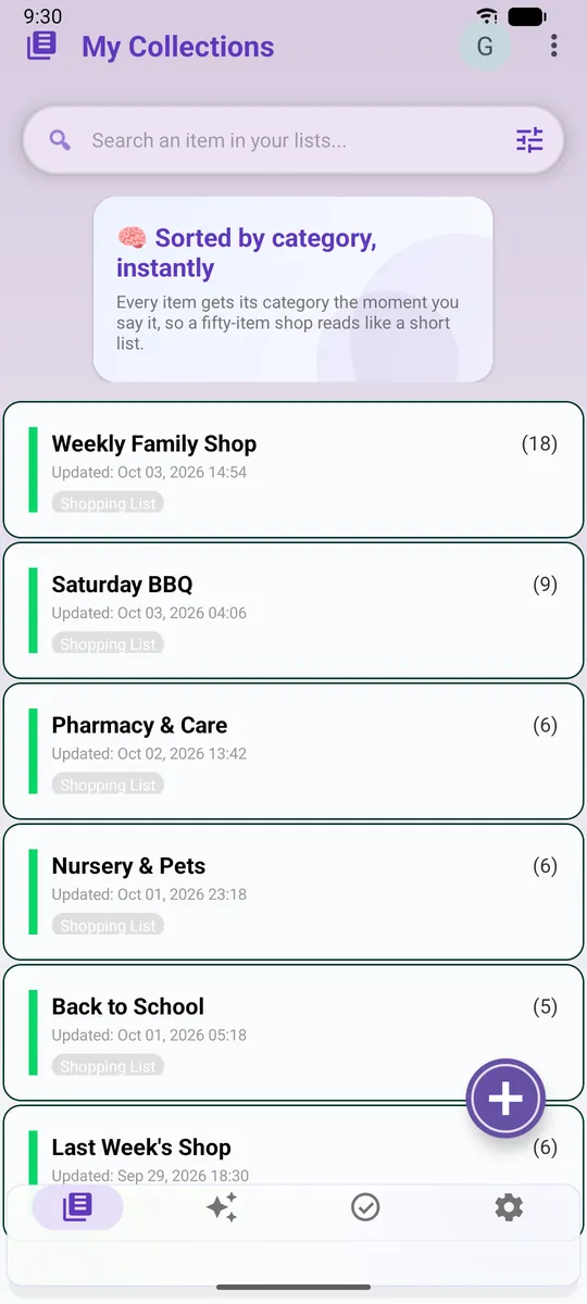 Dirifari Shopping home screen with six shopping lists, each with a date and item count